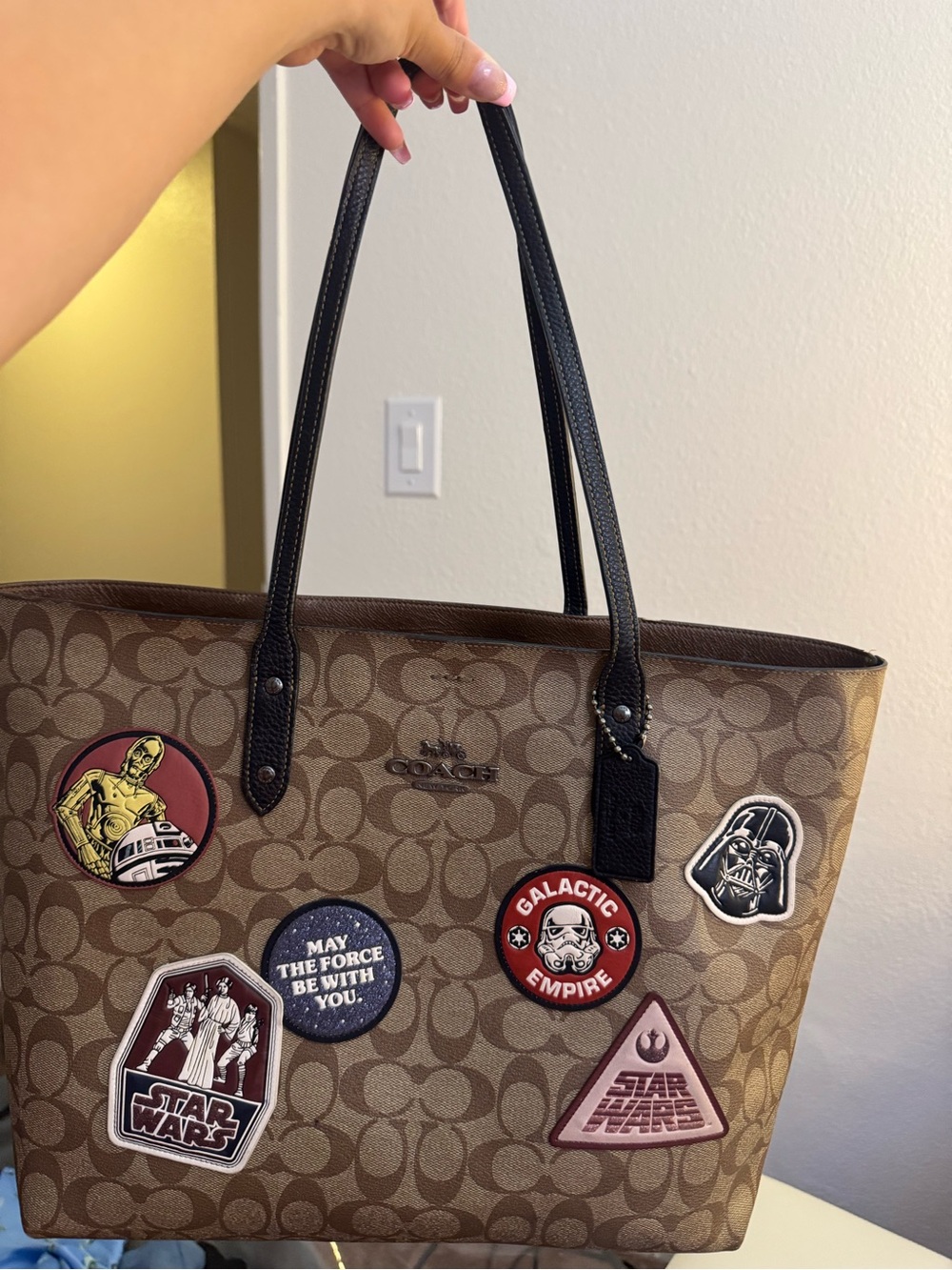 Coach Brown Signature Tote with Black Handles and Star Wars Patches